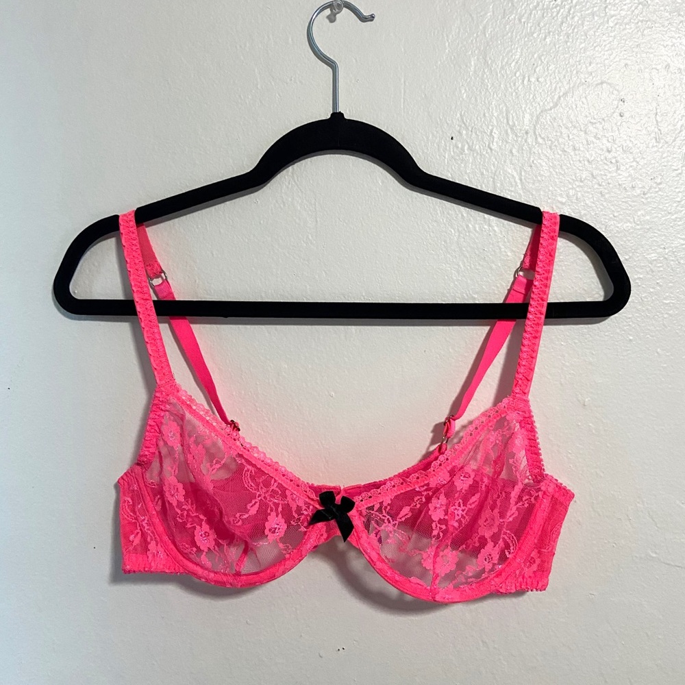 L’Agent By Agent Provocateur 36C Bra Hot Pink Sheer Lace Bow 2013 NWOT BARBIE